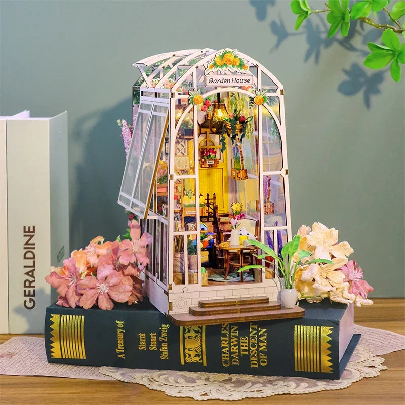 Flower Garden House Home Bookend Decor NEW Modern DIY Wooden Book Nook Shelf Insert Miniature Building Kits Adult Handmade Gifts
