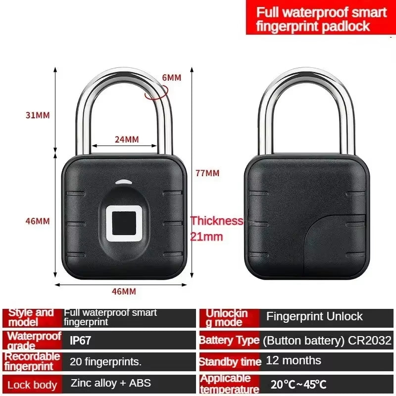 Intelligent Fingerprint Padlock, Outdoor Waterproof and Rust Proof Padlock, Intelligent Electronic Padlock Head
