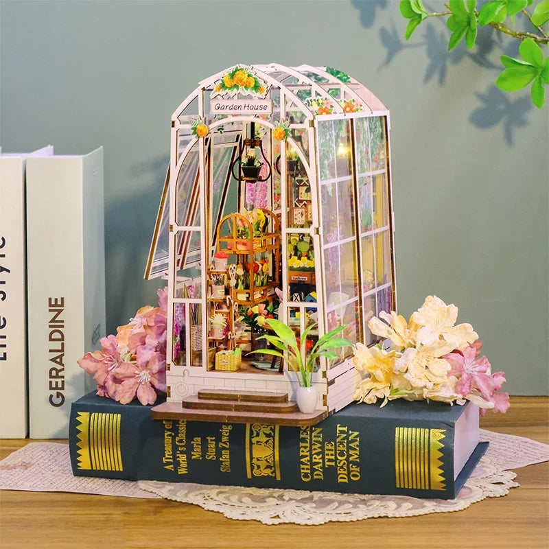Flower Garden House Home Bookend Decor NEW Modern DIY Wooden Book Nook Shelf Insert Miniature Building Kits Adult Handmade Gifts