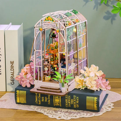 Flower Garden House Home Bookend Decor NEW Modern DIY Wooden Book Nook Shelf Insert Miniature Building Kits Adult Handmade Gifts
