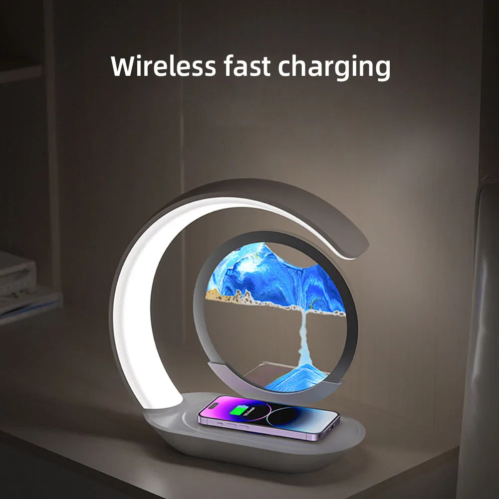 15W Wireless Charger with Quicksand Painting Night Lamp Table Top Decoration Fast Charging Station for Iphone 16 Pro Max Charger