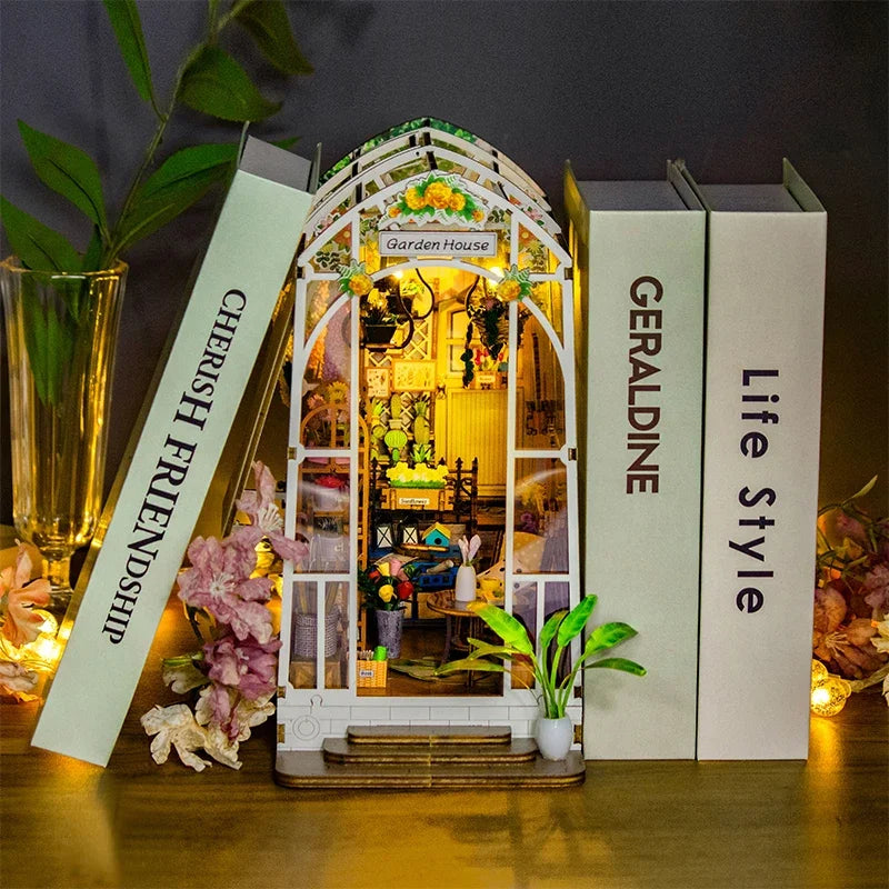 Flower Garden House Home Bookend Decor NEW Modern DIY Wooden Book Nook Shelf Insert Miniature Building Kits Adult Handmade Gifts